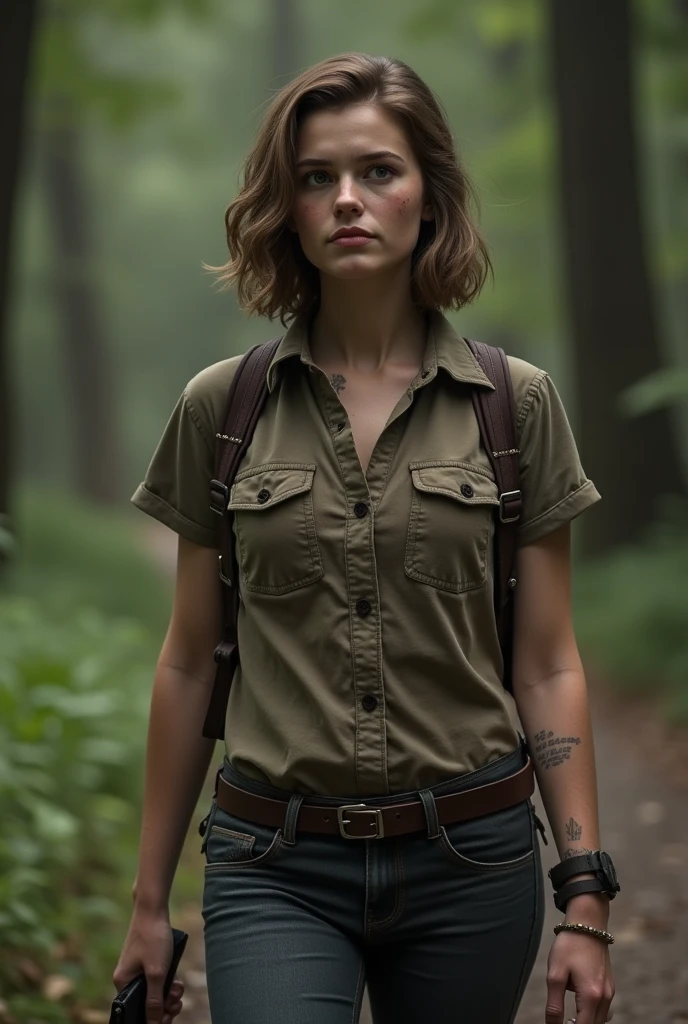 Picture, high quality, beautiful Koh_BobbiStarr, portrait, wearing a hiking outfit, walking through fields and meadows, high noon, meadows, hills, rocks, sheep, perfect face, perfect eyes, sharp focus