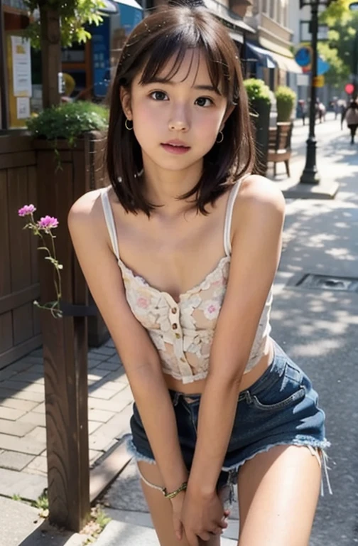 A cute with a lovely smile、Bobcut、Tank top and hot pants、round face、sticking out tongue、Park bench