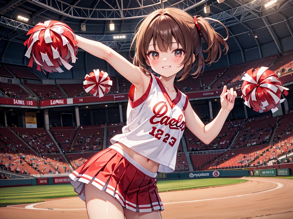During a baseball game、Please draw an illustration of a woman in a cheerleading costume cheering.。Women holding pom-poms、They dance energetically and excite the audience.。In the background is a baseball stadium and the cheers of the crowd.。