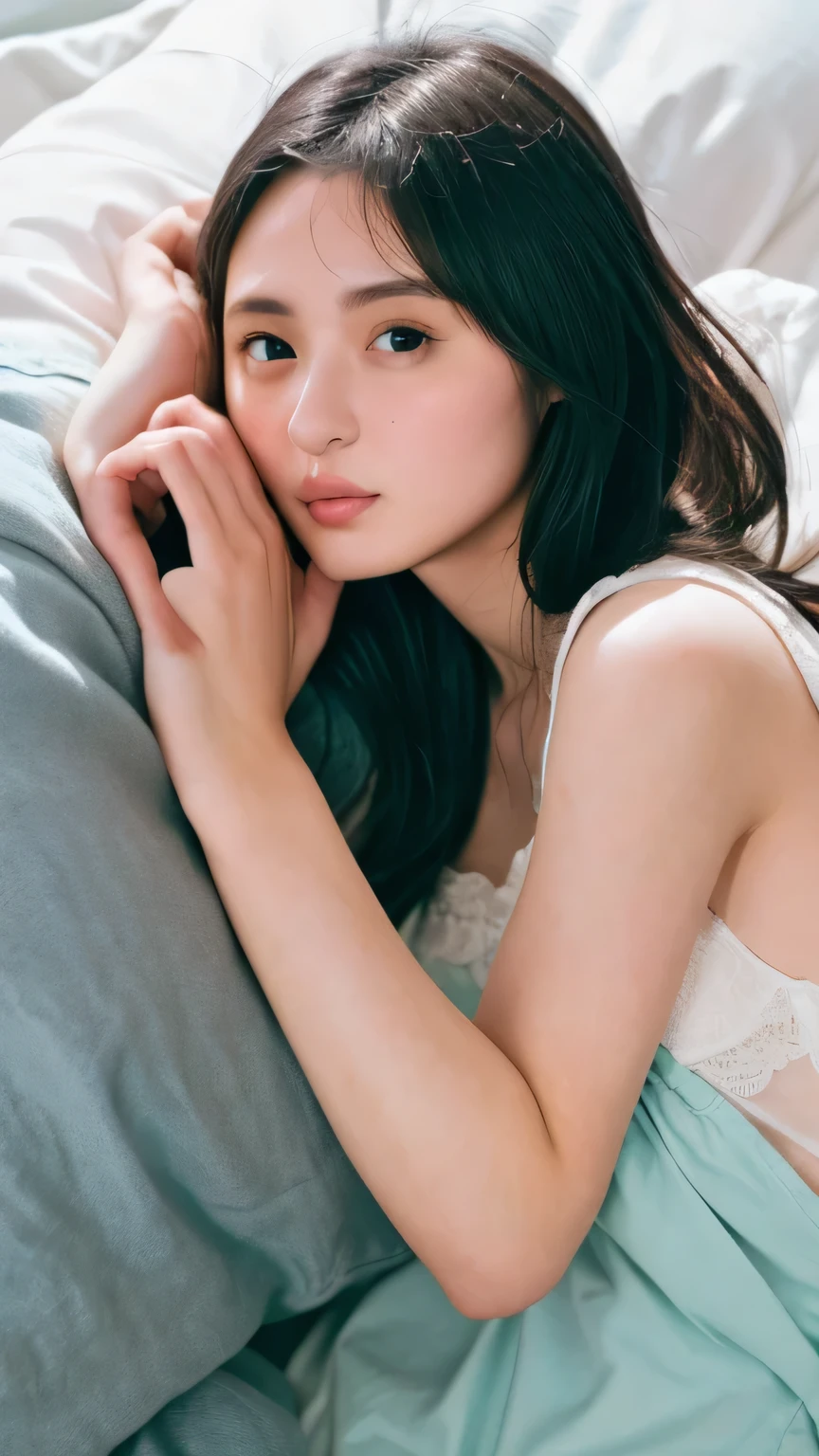 Supergirl with very large 、Acme facial expressions、(Lying on your back in bed:1.7)、(Lean back:1.4)、Grab the pillow with both hands、(Open your mouth wide:1.6)、Close ~ eyes、Lift your chin、Frowning、Close up on the inside of the mouth、Detailed depiction of the mouth、