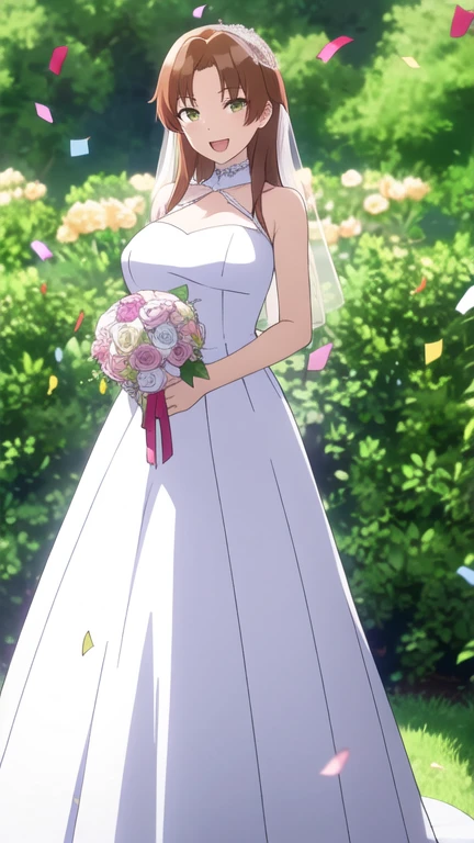 best quality,masterpiece,looking at viewer,absurdres,1girl,
depth of field,<lora:016-å¤©ä¸å¤©ä¸-æ£äºå¤V2-000012:0.7>,natsume aya,orange hair,long hair,brown eyes,breasts,ahoge,large breasts,(wedding dress:1.2),white dress,veil,garden,outdoors,standing,holding bouquet,blue sky,cloud,smile,half updo,french braid,ponytail,