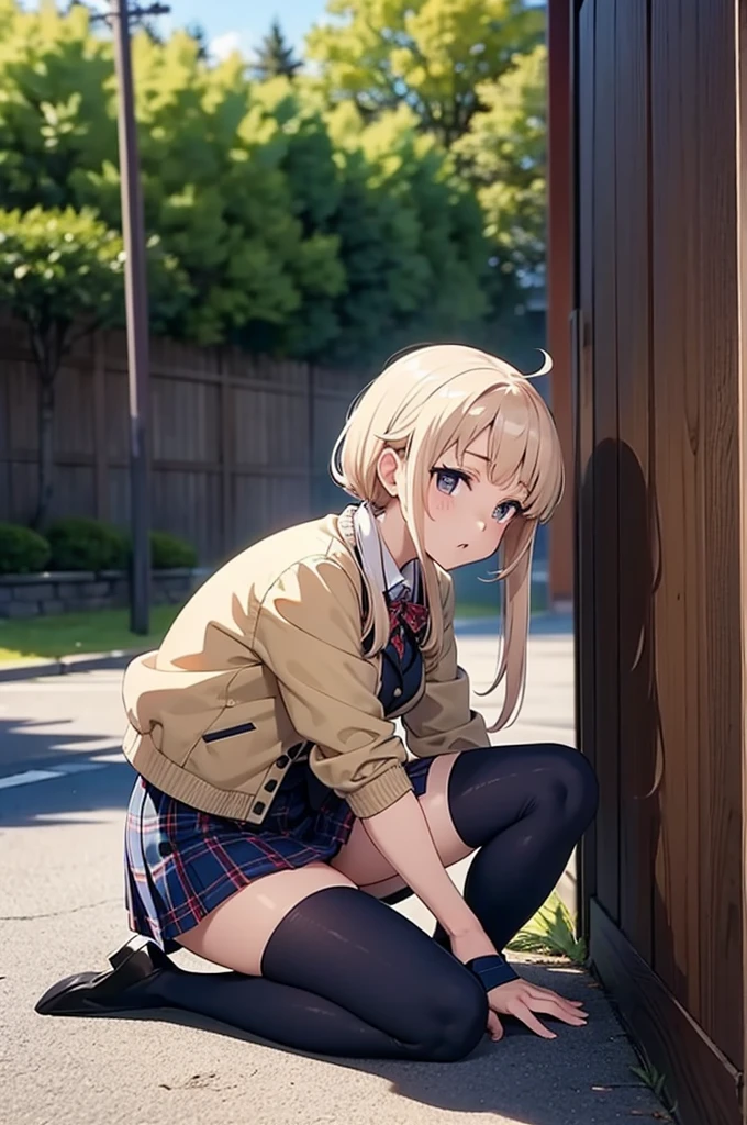 masterpeice, best quality, anime, front angle, 1girl, solo, school uniform, white shoes, blue tip, white socks, blazer, brown sweater, collared shirt, gray cardigan, neck ribbon, blue skirt, black stockings, no panties, panties shot, squatting, sitting, legs apart, facing foward, crotch shows through, open public area, visible public area, vaginal launch, minora, visible minora, peeing, peeing herself, yellow puddle of her own urine is forming around her feet, relifed, looking away, embarrassed, surprised, flustered, blushing, mouth closed, stained panties, at a school hallway, open mouth, :d school hallway, nsfw