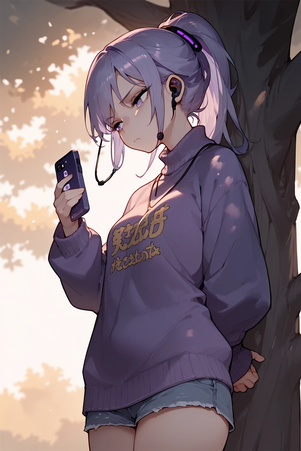 masterpiece,1girl,solo,light purple hair,purple sweater,violet eyes,jean shorts,airpods,leaning back against tree,japanese school background,morning,bored expression,using phone,hair tied into a high ponytail