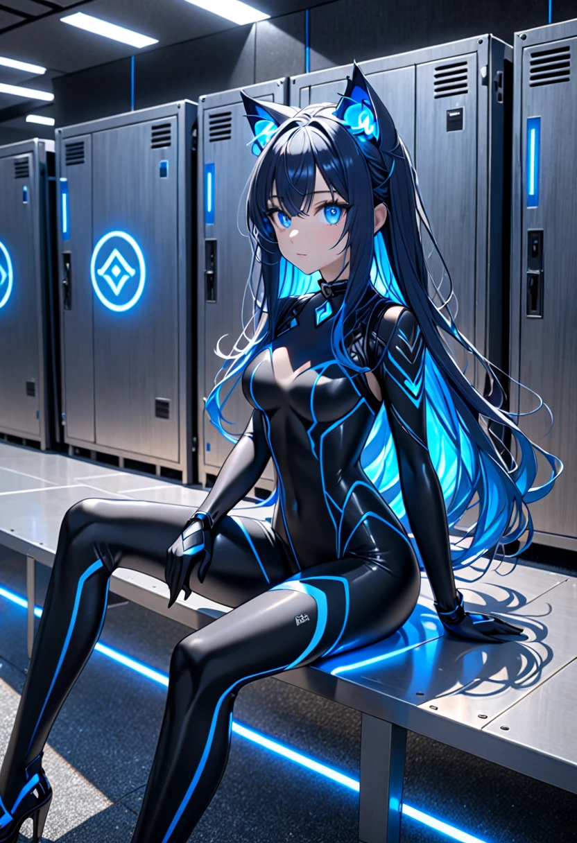 1 girl、solo、looking at the viewer、(若いcute美しい18歳の女の子:1.1)、3d face、beautiful girl、beautiful features、cute、Girlface、K-POP idol、Supermodel、Stunning innocent symmetrical face、(Hands of Guido Daniele)、perfect body、medium breasted、slim waist、slim legs、(high detail skin:1.2)、shining eyes、Skyscraper、weapons of the future、clean face、shiny hair、Proper body proportions、perfect anatomy、realistic skin texture、luscious lips、glossy lips、natural makeup、beautiful bright pupils、slender body shape、complicated eyes、detailed pupil、 detailed face and eyes、long eyelashes、blush、good hand、perfect hands、pretty face、beautiful female body、fine skin、oily shiny skin、(((((mechanical harrow、star halo、complex mechanical bodysuit、Navy blue and black bodysuit、full armor、(Colorful glow floating:1.2)、(Energy Beam:1.3)、(Highly detailed worn metal texture:1.3)、Science fiction、(dark blue hair、Navy Blue theme、Blue coloring、blue eyes:1.3)、very long hair、(A person who emits an aura from his body:1.4)、(青いsolo、lonely girl、shortcut、light on face、Because I'm slender、metal gear、cyberpunk style、(perfect body:1.4)、sparkling blue eyes、Black and navy blue bodysuit、tight fitting clothes、clothes that cover the whole body、clothes that hide skin、very delicate and beautiful、Because I'm slender、gentle smile、heroine、Knee-high boots、gloves up to the elbow、clothes that hide skin、positive、((fighting stance:1.3))