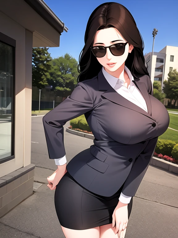 standing, parted lips, business suit, sun glasses, mature female, large breasts