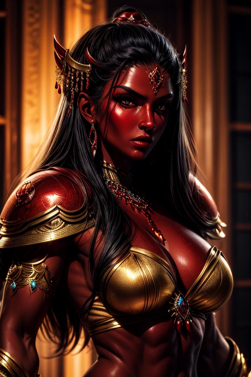 ((ruby red skin)), smooth texture, young woman, toned body, long hair, ((detailed face)), photorealistic, fantastic, big eyes, strong arms, shiny skin, fur, dynamic pose, illuminated, blue jewelry, blue tones, golden shoulder pads.