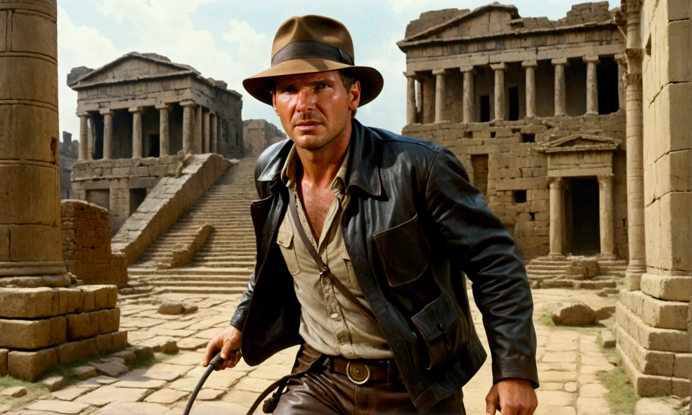 Indiana Jones\(young Harrison Ford, movie character, wearing fedora hat, leather whip, black leather jacket, sooty safari shirt, wool pants, British bag\) exploring the (mysterious ancient city:1.4),ruin, dark. very realistic portrayal, (dynamic and tense action:1.3) scene, (dynamic angle:1.3), supernatural phenomena, shining (treasures),great scene of movie,great advertisement poster of movie,landscape. BREAK .quality\(8k,wallpaper of extremely detailed CG unit, high resolution, top-quality, top-quality real texture skin, hyper realistic, increase the resolution, RAW photos, best quality, highly detailed, the wallpaper, golden ratio, high saturation realism, vibrant colors, dramatic lighting, persuasive storytelling, atmospheric scenery, captivating visuals, intricate details, strong emotions, dreamlike world\)