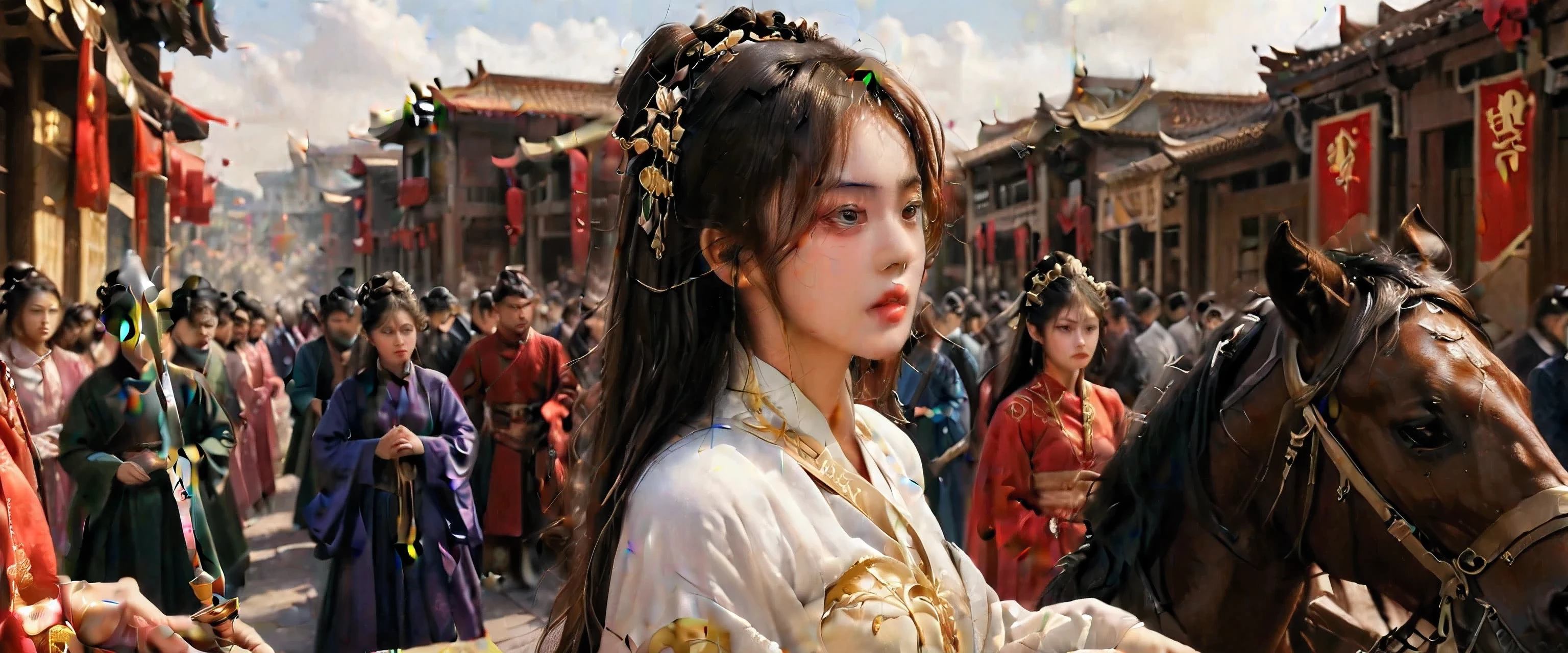 wearing pink , Full costume , an 18-year-old Chinese woman ,Korean woman, long hair fluttering , wearing the Chinese dynasty in the Tang Dynasty , with a cold face , lies on the floor , , standing on the edge of a city building balcony {x} target a Roman general riding a horse on a city street with a rifle,(((masterpiece))),((( best quality))),(( super detailed )),(( Very delicate and beautiful )), cinematic lighting , detailed environment ,(True),(1 Girl, unique , male focus :1.3),(Holding a sword:1.2),(dark red and light gold:1.3),( comb your hair backwards, flowing hair :1.1),Designed by Greg Manchess,smoke,Model women, bright eyes , shiny lips,Futuristic gold face paint,Art Station Popular Works,photoTrue,Eight thousand,octane rendering by greg rutkowski,Carne Griffiths and Wadim Kashin, Similar to Dau-al-Set Style ,Pollock,Inspired by MAPPA and zislaw Beksinski,Hanfu,