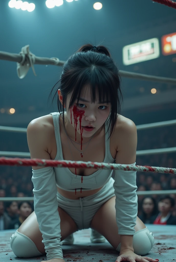 naked。Two Japanese female high school idol mixed martial artists bleeding during a match in the ring。Short black hair。Glaring at someone。They&#39;re punching each other dynamically.。A fighting expression。Drenched in sweat。A well-trained body。Six Pack Abs。Small breasts。Erect nipples。naked。Open Finger Gloves。