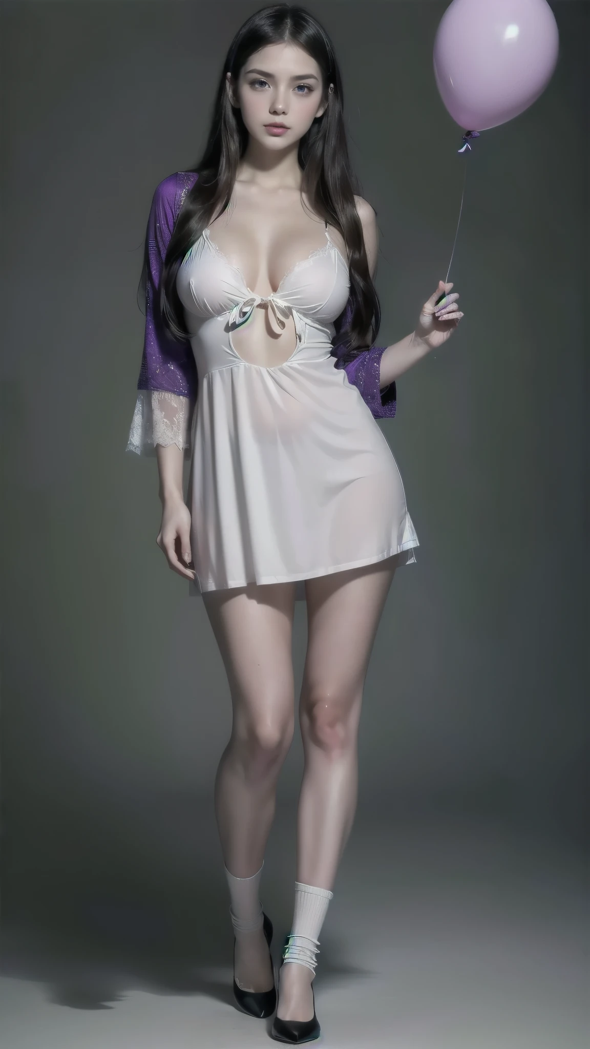 (( best quality)), ((anime)),  Anime girl with loose black hair ,  green eyes and white skin wearing a white dress that reaches before the knee with a floral neckline, balloon sleeves ,  lace-up front , mary jane shoes,  white socks , ribbons in the hair, 
body proportions, (Chapped lips:1.4), (blush de nariz:1.2), foreshortening, black cuts, (eye contact), High contrast, ultra high resolution, high resolution, detailed, Clean face,  (  face :1.5), (big purple eyes:1.2), ( Ultra-detailed eyes :1.4), ( High-resolution eyes :1.1), ( ultra detailed skin texture :1.4), PERSEPHONE, Persephone, Persephone, (SFW:1.5),  (full body:1.8), (upper body up:0.3), (hyper realistic:1.4), (realistic:1.3), (best quality real texture skin), Detailed eyes, detailed face
