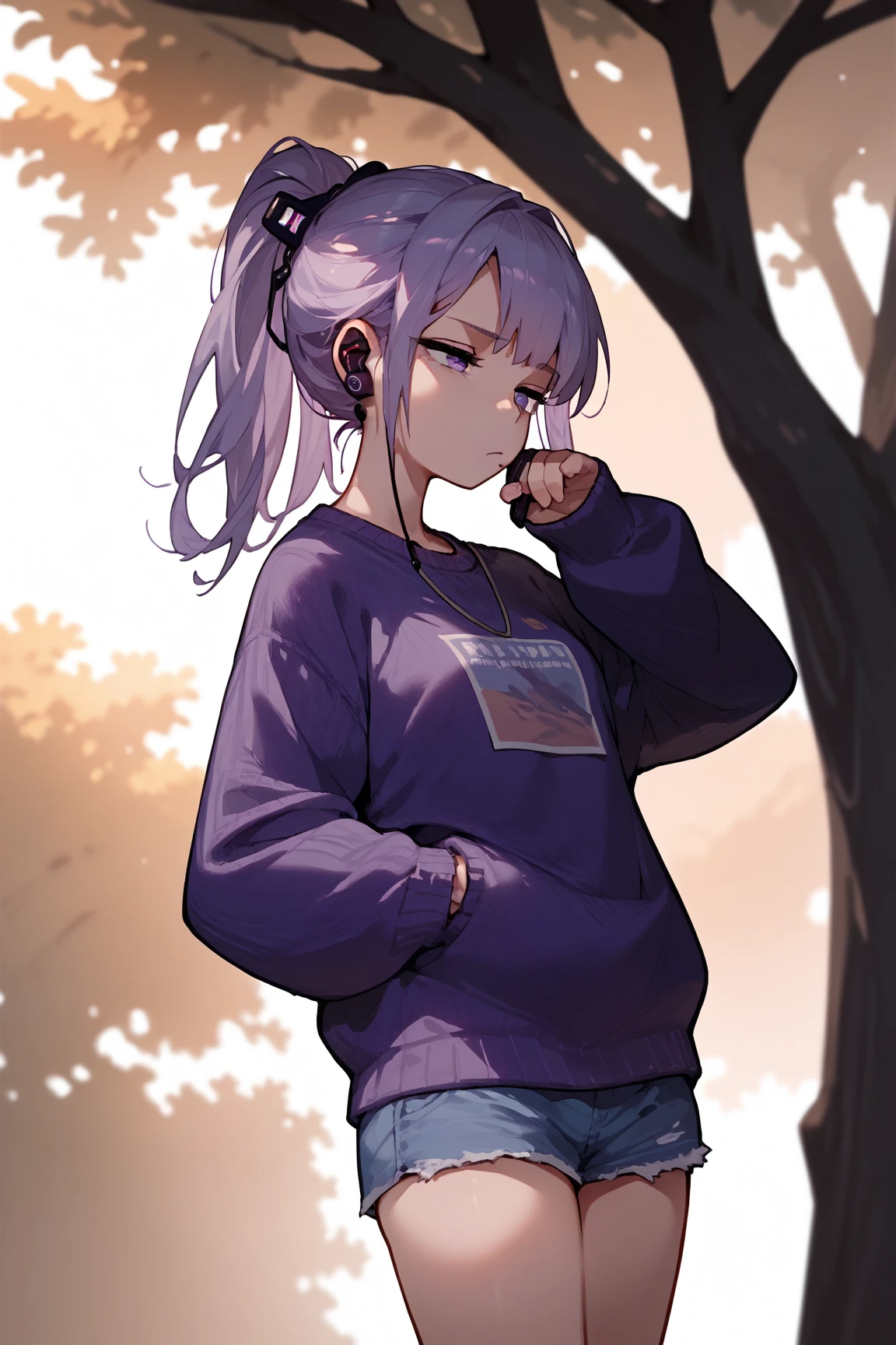 masterpiece,1girl,solo,light purple hair,purple sweater,violet eyes,jean shorts,airpods,leaning back against blossom tree,japanese school background+bustling with students,morning,bored expression,using phone,hair tied into a high ponytail