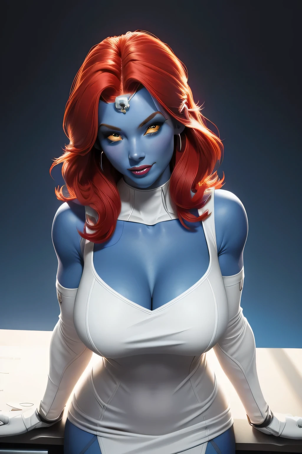 1girl in, age21, Mystique, photo of perfect woman, (Mystique from X-Men Evolution:1.35), Solo, Aesthetic artwork, (red hair, shoulder length red hair), (blue skin, pale blue skin:1.4), large breasts, DD-cup, runners body, very thin waist, skinny, petite, detailed blue skin texture), (lying face down over a desk, face down breasts pressed against the desk, mischievous smile, cleavage, focus on breasts:1.2), (X-Men), (wearing low neckline slit leg white bodycon dress, white dress:1.24), (laboratory, detailed beakers and test tube background:1.3), (extremely detailed 8k wallpaper), soft lighting, high quality, film grain, Fujifilm XT3 sharp focus, f 5.6, 50mm, High Detail, Sharp focus,(natural light), crazy details, complex details, hyper detailed. (cowboy photo:1.2), light particles, sfw