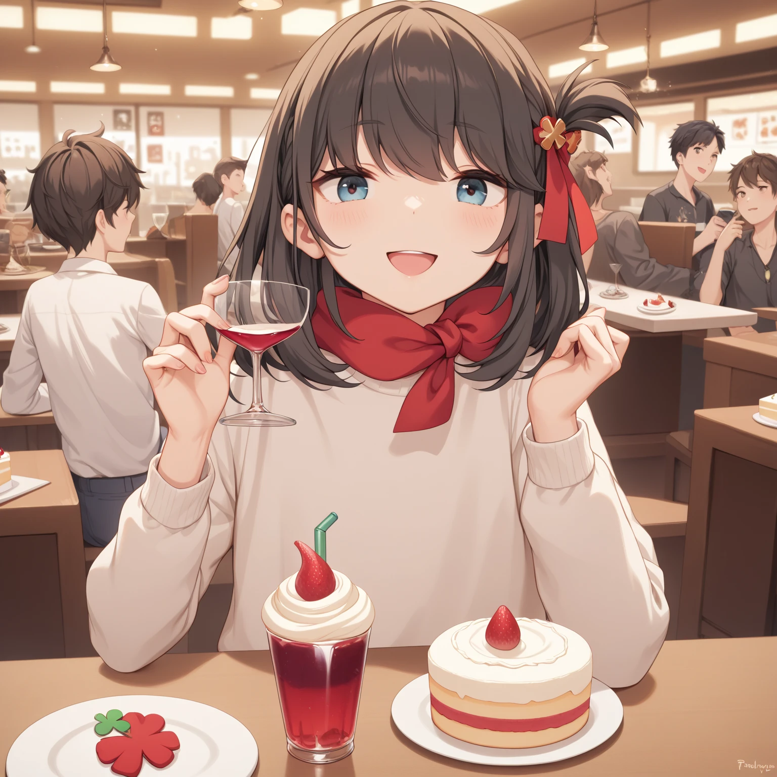  (8k), (  very detailed), (   best illustration  ), . flat chested。suit。  big red ribbon barrette。 four-leaf clover in the hair 。adult。Slightly brown black hair。Shima Rin, cake。 four-leaf clover in the hair。 medium hair。 wine glass。Being drunk。smile。adult。 casual。 Italian restaurant 。Trying to make me drink 