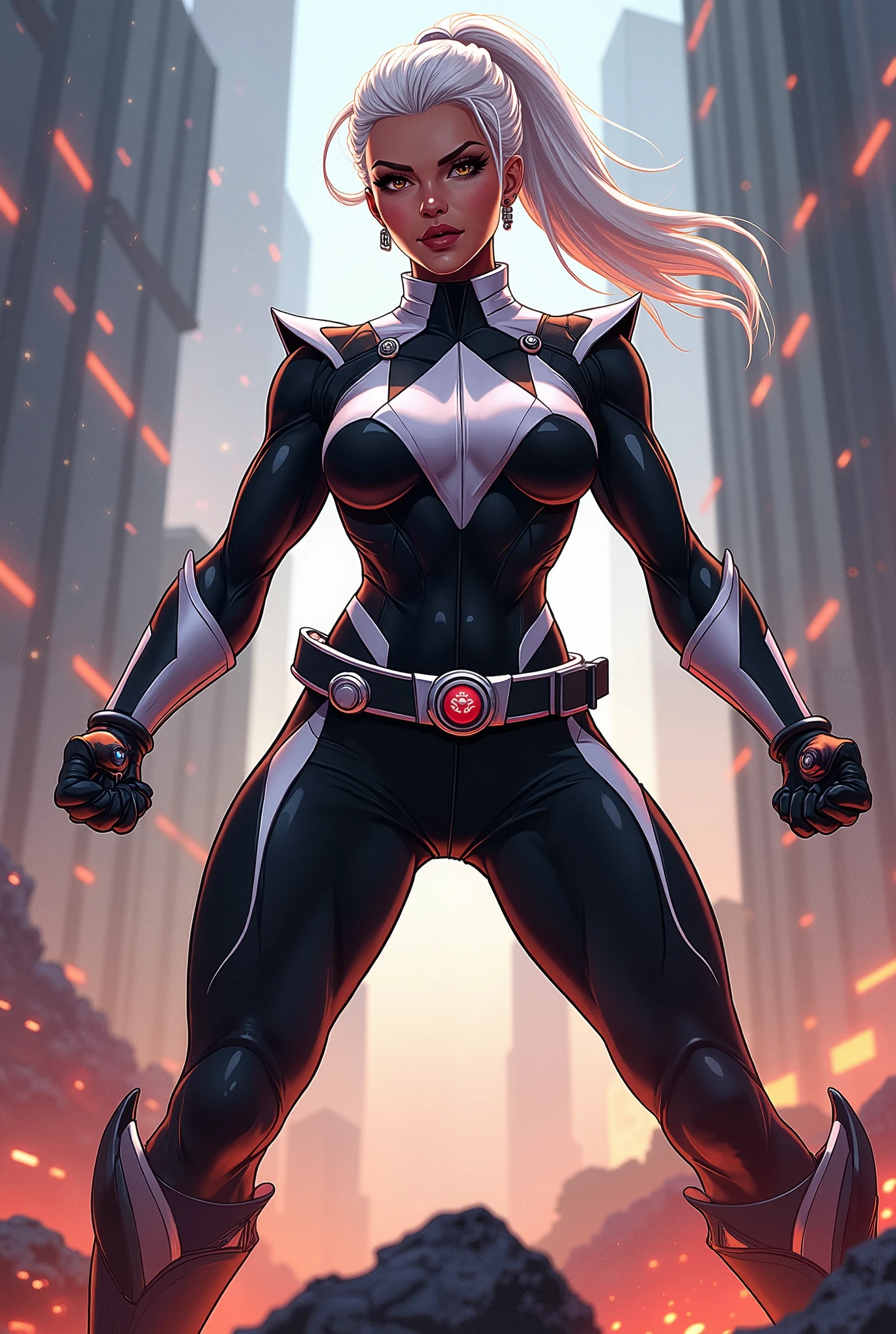 ((epic pose)), ((dynamicpose)), 1girl, ((Movie poster)), (((black skin))), (((dark skin)))), (((white colored hair|red hair))), ((multicolour hair)), ((Short hair)), (((red eyes)))(superhero suit), night time, City, neon light, the wind, ((magazine cover)), ((comic cover)), ((manga cover)), big text, big title, many inscriptions, lettering