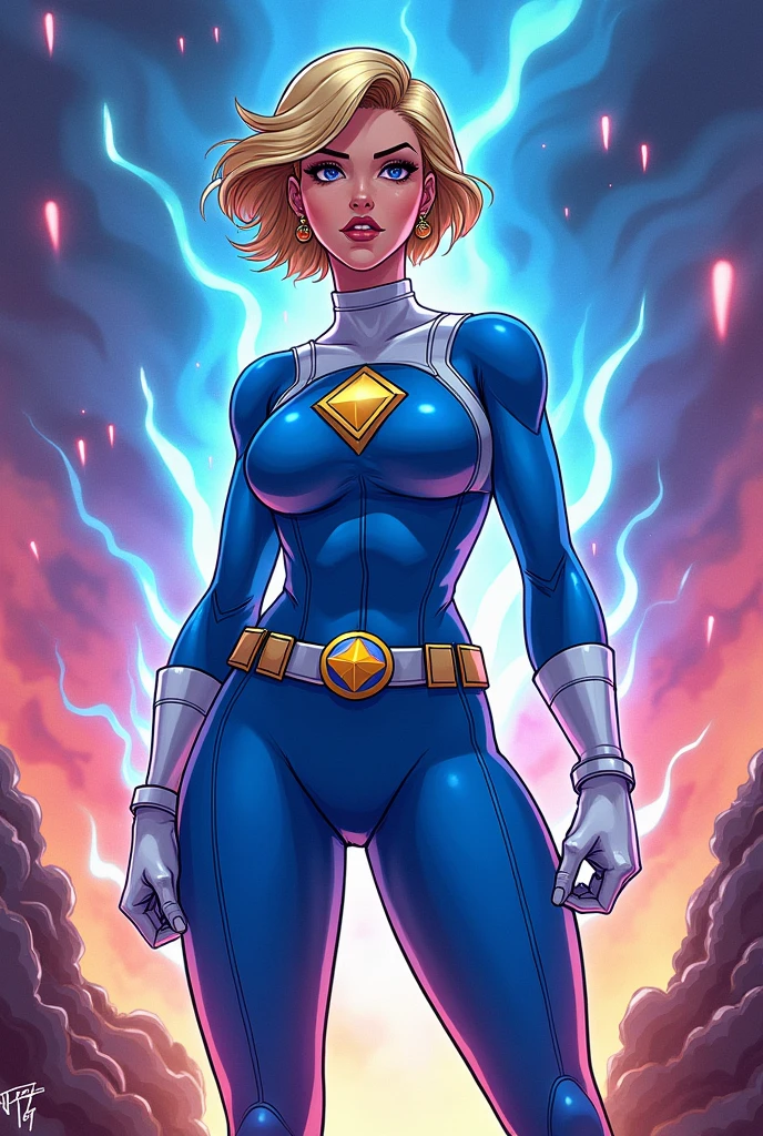 Create an image of a blue female power ranger with short blonde hair ...
