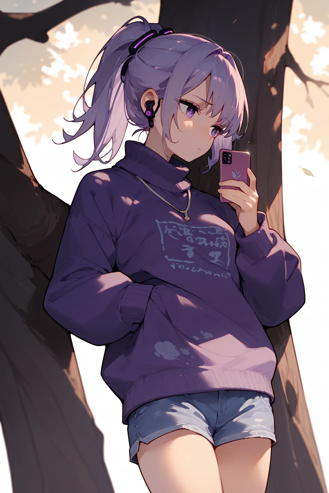 masterpiece,1girl,solo,light purple hair,purple sweater,violet eyes,jean shorts,airpods,leaning back against tree,japanese school background,morning,curious expression,using phone,hair tied into a high ponytail