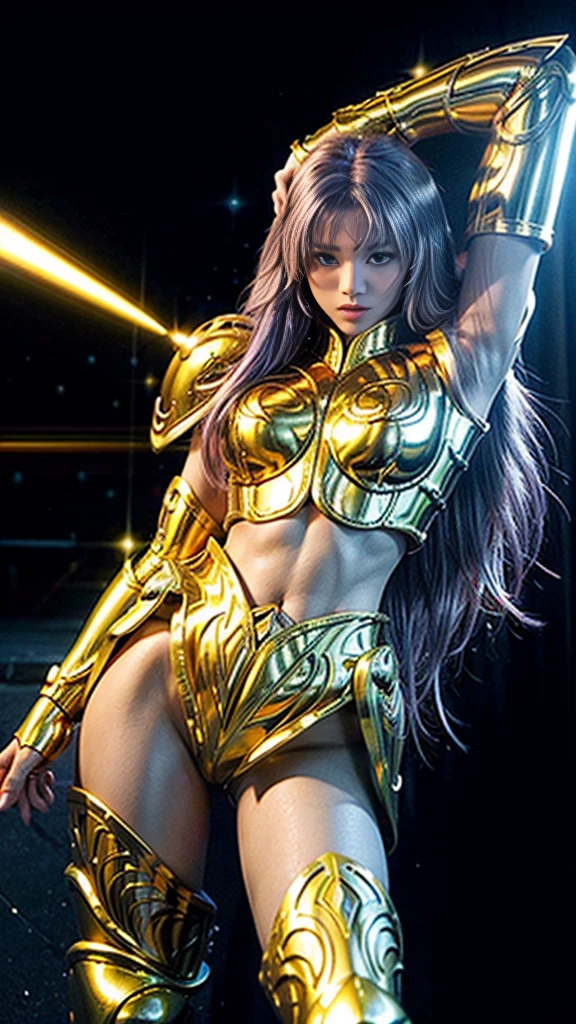 Super high saturation（masterpiece）， Full body image，（Best quality）， （1 girl），purple hair,  Wearing shining golden armor， Sexy lingerie type armor，Show your breasts，Expose the waistline，Show your thighs，cool pose， Saint Seiya Armor， Messy hair，High Detail, anime style, Movie Lighting, spark, Divine Light, Ray Tracing, Film Grain, Ultra HD, textured skin, Super Detail, anatomically correct, high resolution，Super high saturation，High contrast，high gloss armor，Smooth skin，a sinister sneer，Realistically，（masterpiece，Top quantity，Best quality，official art，Beauty and aesthetics：1.2），Very detailed，Fractal art，Colorful, background Athena temple, sunny day, dynamic pose, highly detailed, cinematic