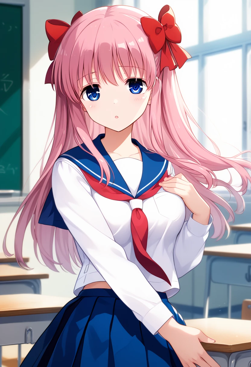 nodokaharamura, nodoka haramura, blue eyes, hair bow, long hair, pink hair, bow, BREAK blue skirt, kiyosumi school uniform, pleated skirt, school uniform, serafuku, skirt, BREAK looking at viewer, BREAK indoors, classroom, BREAK (masterpiece:1.2), best quality, high resolution, unity 8k wallpaper, (illustration:0.8), (beautiful detailed eyes:1.6), extremely detailed face, perfect lighting, extremely detailed CG, (perfect hands, perfect anatomy),(grab breatests:1.2)