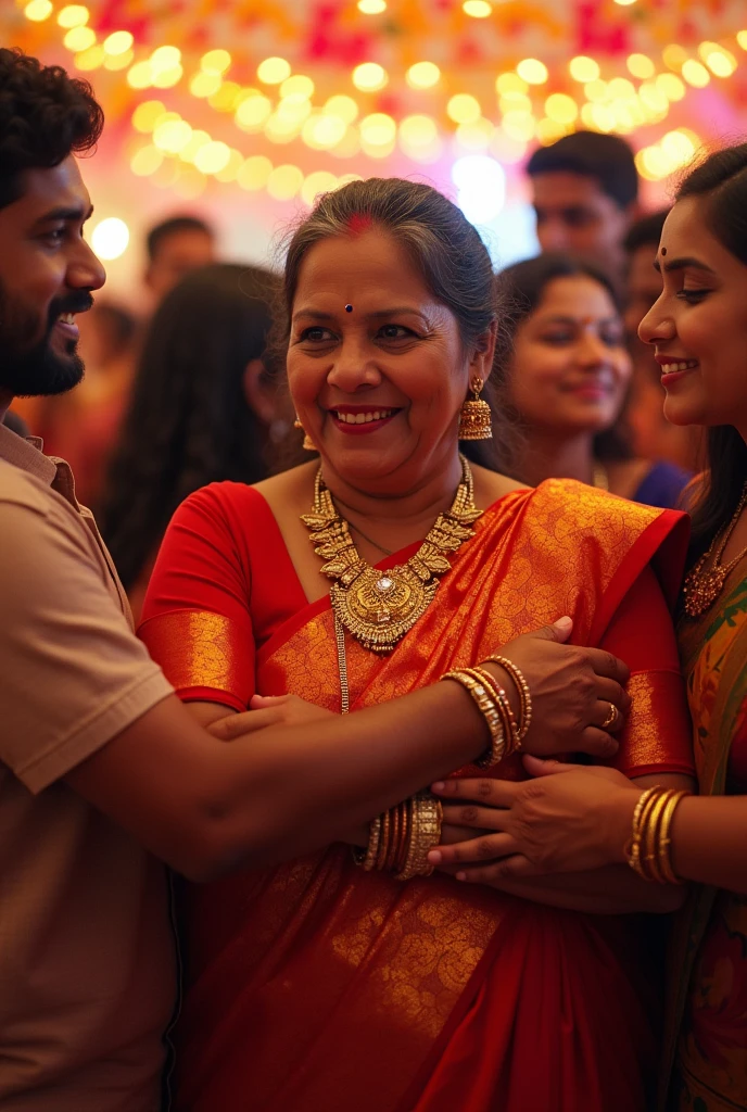 A radiant South Indian aunty, with her curvaceous figure and sparkling gold jewelry, envelops a group of jubilant 55 year old grooms in a joyous embrace on their wedding night, captured in a full body image with vibrant colors and intricate details.
