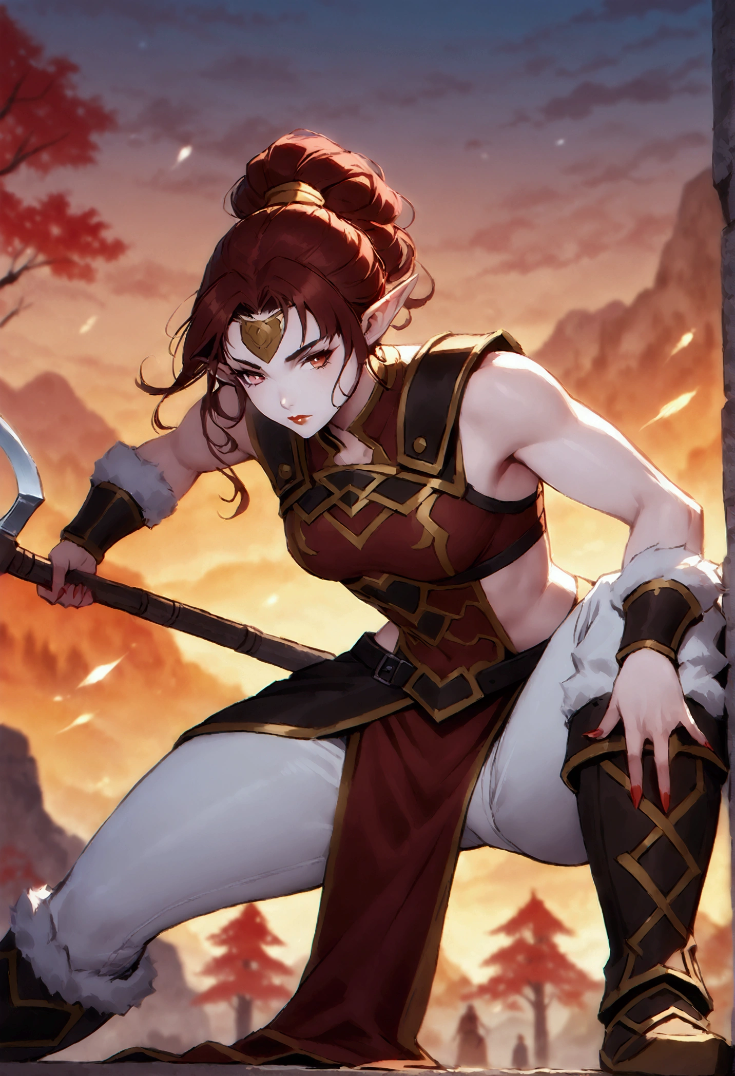 A warrior woman,  with pointy ears .  with a very strong and athletic physique .  white skin .  painted lips. A short reddish curly haircut .  wearing sleeveless leather armor and white pants, with long boots. In a position to fight ,  with two magic axes in each hand  (  that a reddish fire appears on the axes ) .  with a challenging look .  with autumnal mountains in the background . In the East