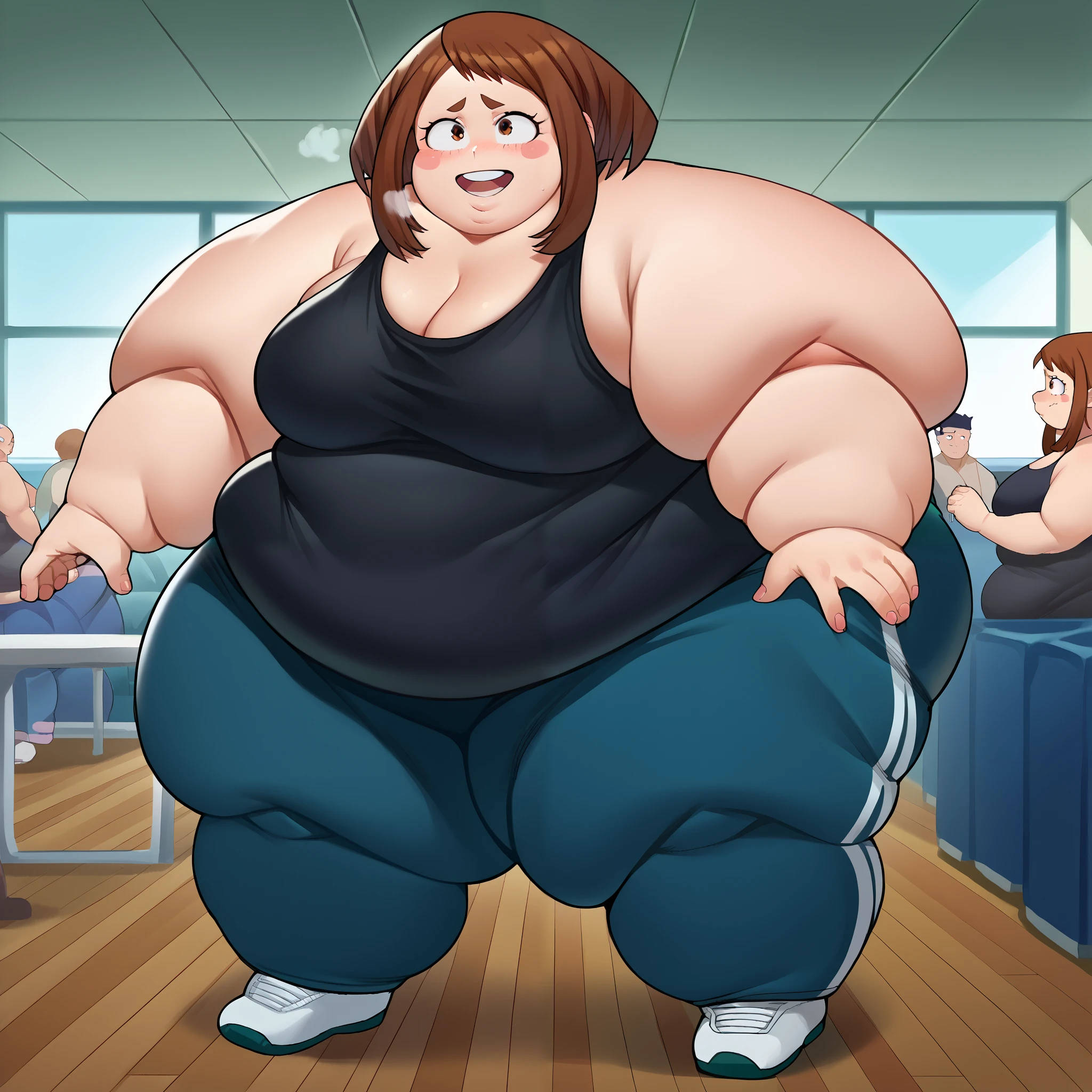 score_9, score_8_up, score_7_up, source_anime,
ochakouraraka, ochako uraraka, brown eyes, brown hair, short hair, blush, blush stickers, smile,
bare shoulders, pants, black shirt, tank top, blue pants, black tank top, track pants,
indoors,
looking at viewer, fat, chubby, obese, gigantic arms and legs, large breasts open mouth, out of breath, full body shot, fat face, swollen face, chubby face, sagging face, double chins,