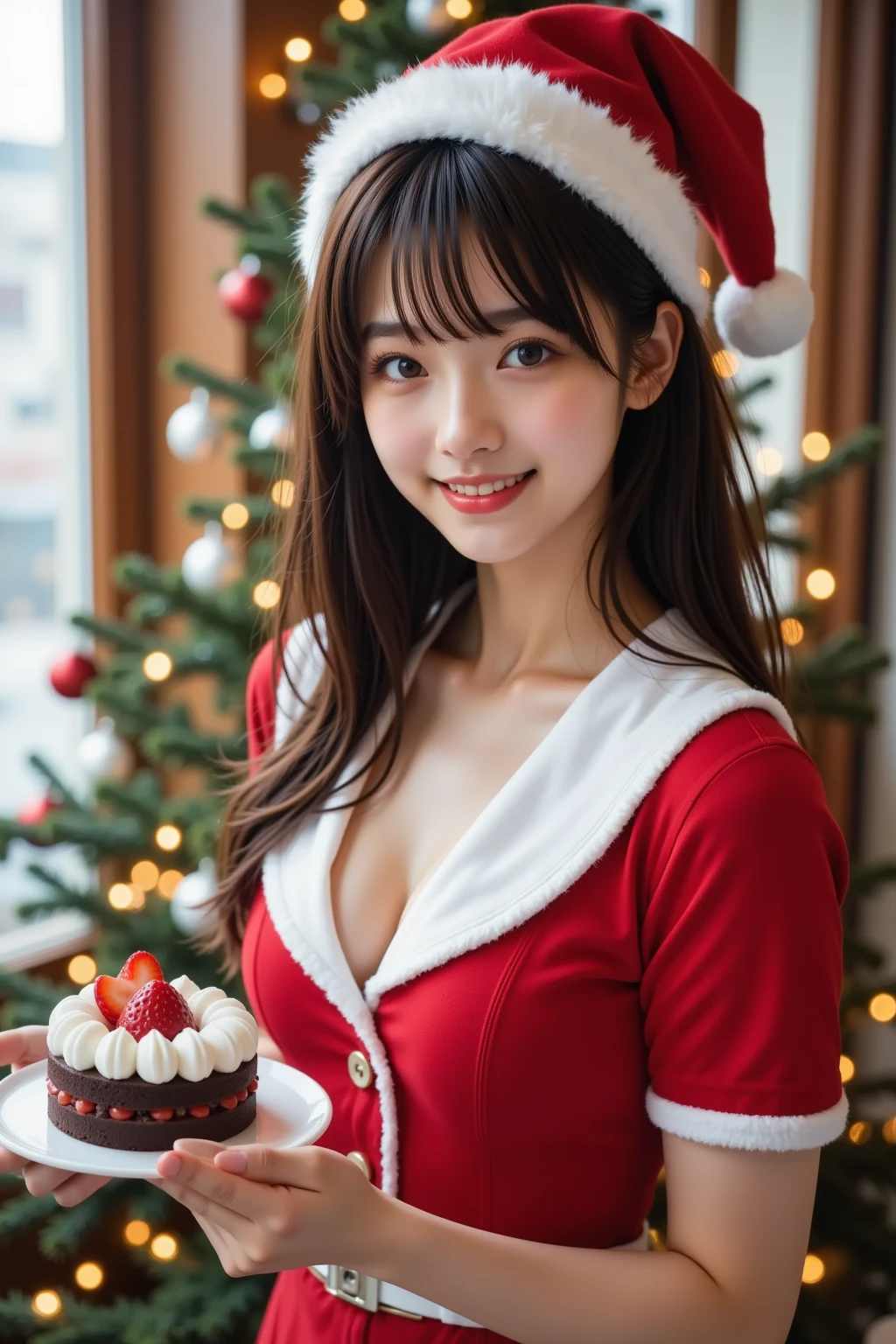  (masterpiece,  best quality:1.2), One Japanese girl, solo, Age 19, ((A very cute face like a popular idol:1.2)), smile, Beautiful model、 smaller breasts,  black hair,  (( Sexy Santa Claus Outfit)) 、 Put strawberry cake on the tray and hold it out,  The background is a beautiful Christmas tree、Hide the nipples,