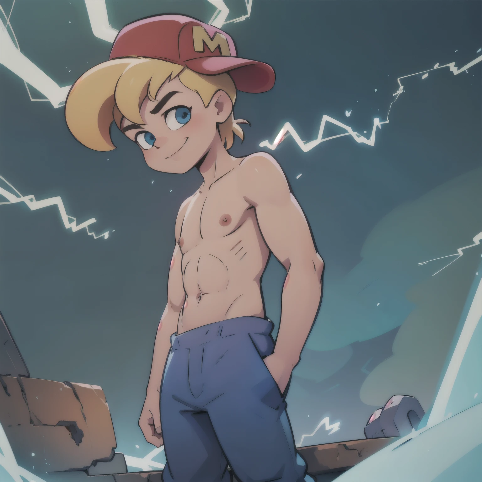 solo, 1boy, mighty max, blonde hair, red hat, shirtless, no shirt, topless, chest, nipples, skinny body, boyish body, blue pants, blue eyes, hands in pockets, sideways hat,  fire, green lightning, glowing aura, looking at viewer, light smile,