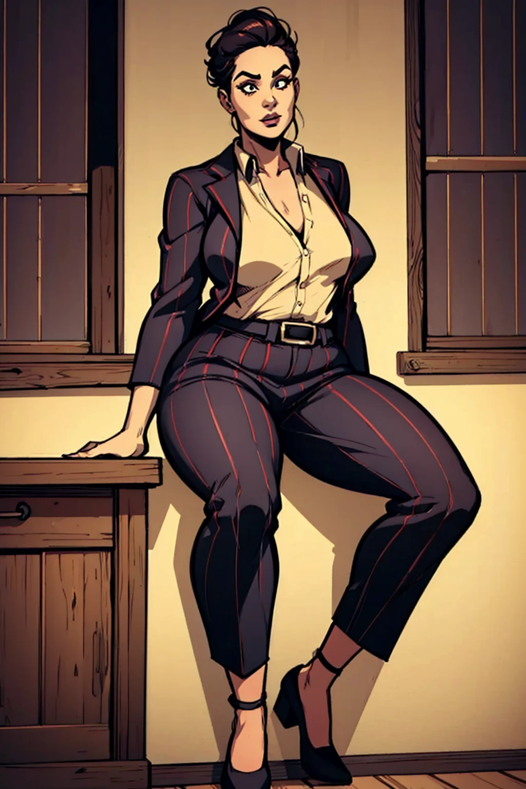 Digital art, angled view, sexy sitting pose, full curvy figure, mature woman, adult female, whole body, form-fitting, Jane Romero (Dead by Daylight game) inspired costume, pinstriped blazer, blouse, belt, pinstriped baggy pants that ends above the ankle, belt, flat office heels, 1woman, solo, upper body, lower body, ((Extremely Detailed)), ((Best Quality)), ((Masterpiece)), ((4k)).
