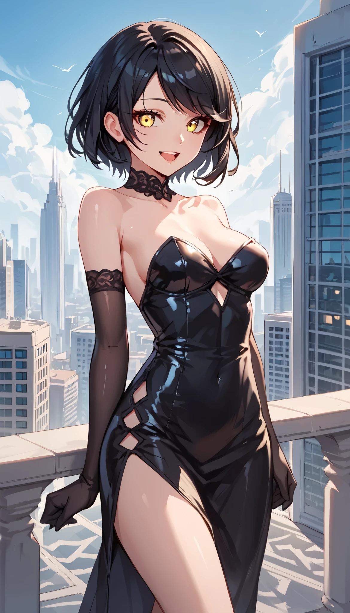 ((best quality)), ((highly detailed)), masterpiece, absurdres, (detailed eyes, deep eyes), (1girl), Forced Perspective, fighting stance, <lora:mavisdracula:.9>, mavis dracula, black hair, blue eyes, medium breasts, black lips, smiling, fangs, black dress, short dress, striped thighhighs, (inside, in a hospital room)