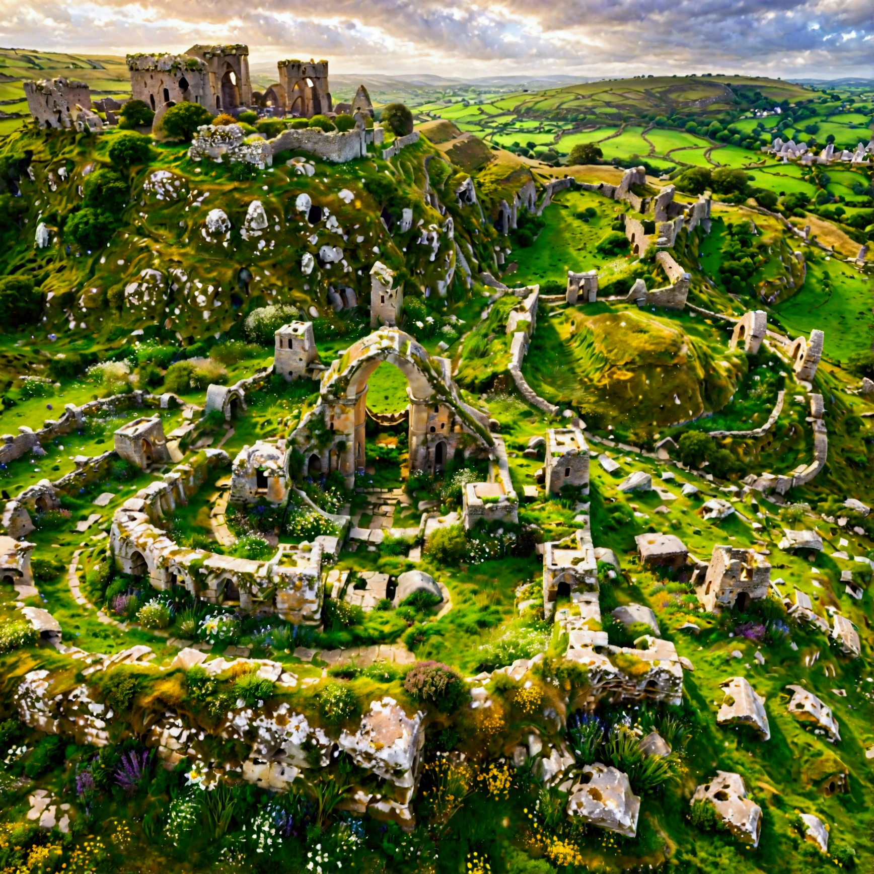 A bird's-eye view of a sprawling ancient city ruin, set in a vast grassland with short green grasses gently swaying in the breeze. The city features primitive stone buildings, crumbled walls, and weathered towers, all made from rough gray stones that evoke a sense of ancient history. The surrounding landscape is lush and vibrant, with hints of wildflowers and soft rolling hills in the distance. The scene has a mystical, Irish-inspired fantasy feel, with golden sunlight breaking through the clouds, casting a warm glow on the ruins. The atmosphere is tranquil and otherworldly, blending natural beauty with historical intrigue, (bird's-eye view, ancient city ruins, stone buildings, crumbled walls, weathered towers, short green grass, wildflowers, rolling hills, Irish-inspired fantasy, golden sunlight, mystical atmosphere, tranquil, otherworldly, lush landscape, historical intrigue)