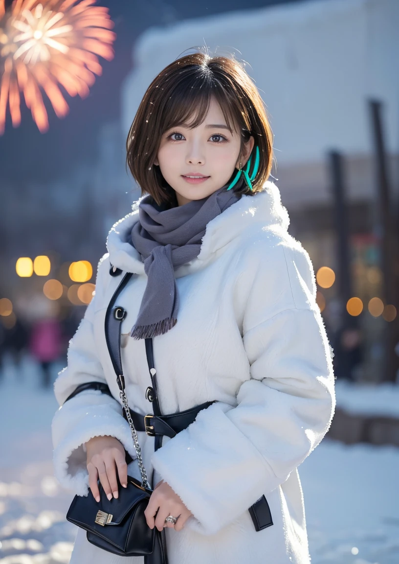 Fluffy scarf、 medium short hair 、Expression of white breath 、  Photo from waist up  、 lift up to night city lights 、 cowgirl shot 、 fur coats、豪華なブラウンのミンクの fur coats、 leather boots that are easy to wear 、Luxury Bags、 turtleneck with collar 、 Millionaire style with silver necklace and small silver earrings:1.4））、  full body photo 、smile、  caustics、High definition photos、 very beautiful woman  、 plump breasts 、 no makeup in the coal mine、(8k、 RAW photo、 best quality、masterpiece:1.2)、(Realistic、Realistic)、 1 girl、(( medium short hair 、Midwinter、Snow falls in cold regions 、  wind is blowing from 、Swinging Hair、  blur the background  、 Colorful Illuminations 、 staring at the camera:1.4))、
