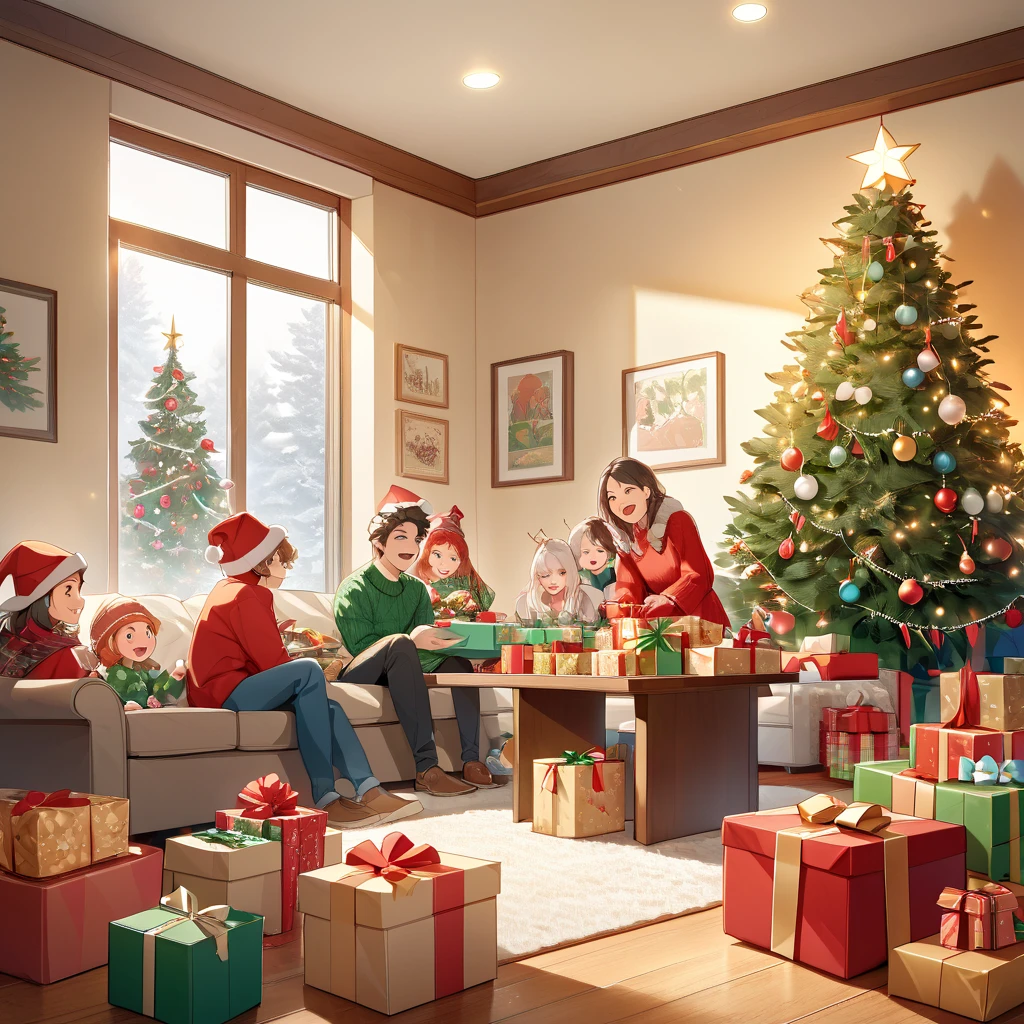 Masterpiece, ultra-high quality image of a family celebrating Christmas together in a cozy living room. A decorated Christmas tree with twinkling lights and colorful ornaments stands in the corner, with wrapped presents under the tree. The family, including parents and ren, are smiling and laughing, gathered around a coffee table with holiday treats like cookies and hot cocoa. The ren excitedly unwrap presents, while the adults look on, enjoying the moment. A warm fireplace crackles in the background, casting a soft, golden glow throughout the room. Snow is gently falling outside the window, enhancing the cozy, festive atmosphere.