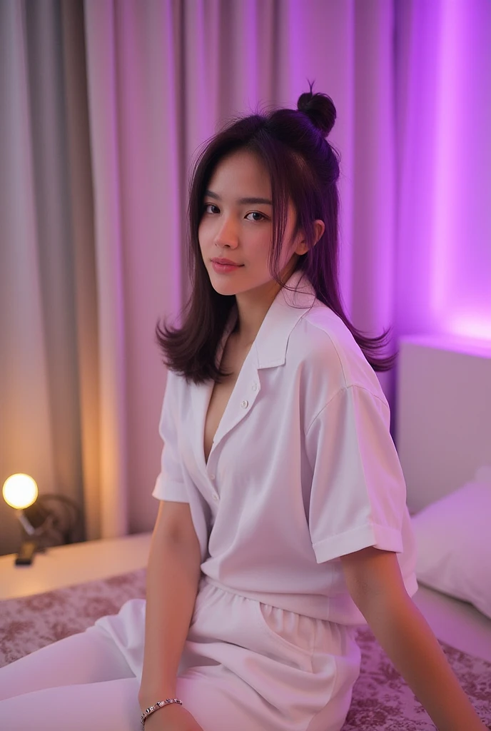 Beautiful indonesian woman, tied hair, wearing shortsleleve pajamas, sitting on the edge of bed, bedroom decorated with rgb neon backlight as the background details. look at the viewer, natural light, realistic photography, wide angle shot,