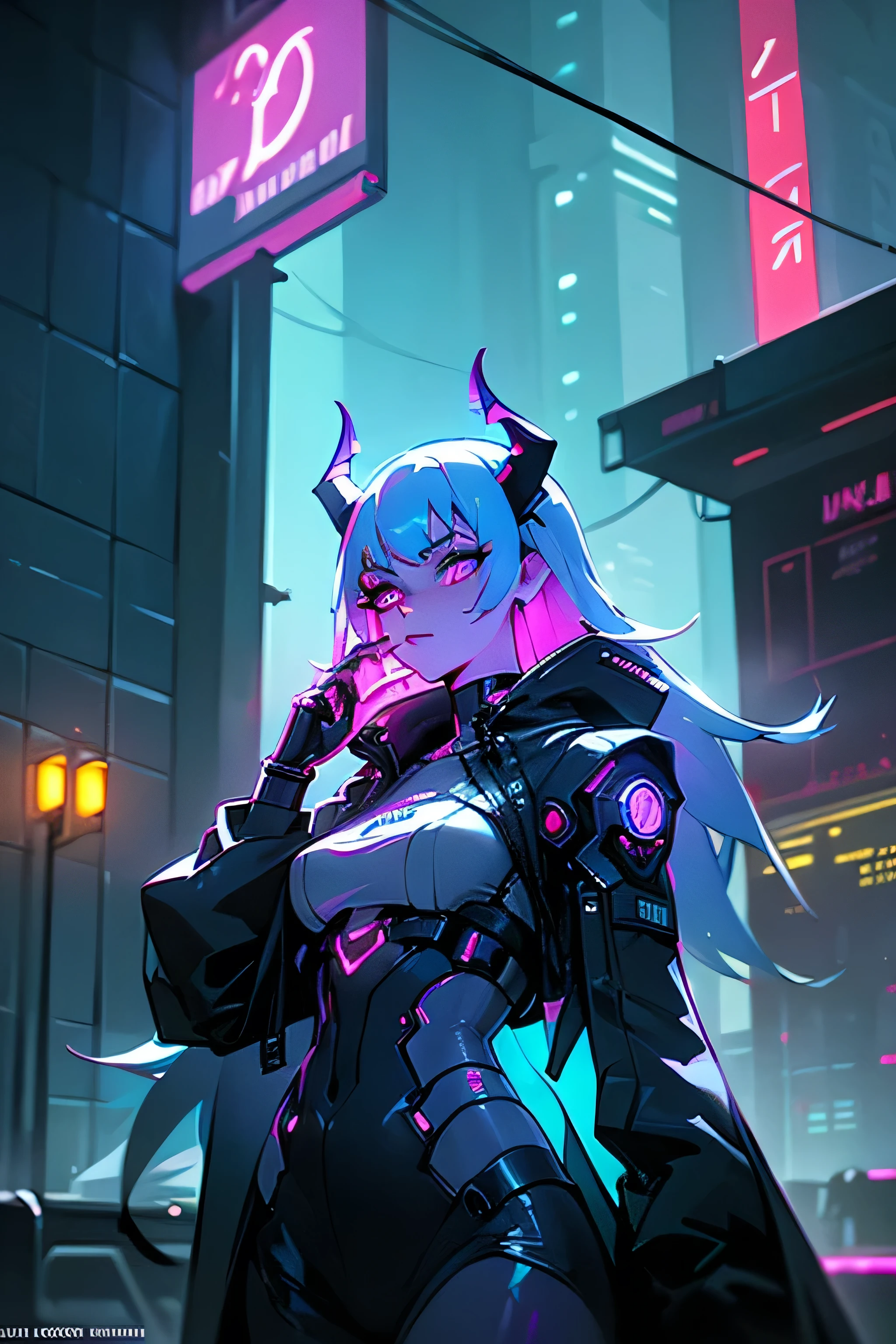 work of art, best qualityer, ultra detali, illustration, epic lighting, film composition, 1 girl, cute, red sclera,red pupils, cyborg, tatoo, hair green, colored fur, breasts small, Black jacke, standing, legs apart hands with black gloves with yellow details, lovely gaze, captivating pose, trunk:1.1, gazing at viewer, pretentious smile, cloused mouth, plein-air, citys, cyber punk, neon lights, Street, (natta, tenebrosa, tenebrosaness, tenebrosa como breu, eyeshadows:1.4), (8K:1.1),  