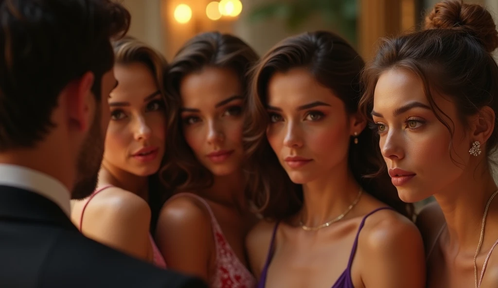 (photorealism:1.2), 12 beautiful young girls as a crowd in a pink theater, y lingerie, bigretty perfect bodies and faces, blonde, brunette and redhead straight hair, looking at me, pink palace, realistic, intricate details