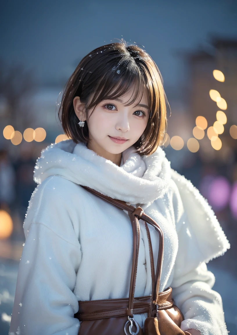 Fluffy scarf、 medium short hair 、Expression of white breath 、  Photo from waist up  、 lift up to night city lights 、 cowgirl shot 、 fur coats、豪華なブラウンのミンクの fur coats、 leather boots that are easy to wear 、Luxury Bags、 turtleneck with collar 、 Millionaire style with silver necklace and small silver earrings:1.4））、  full body photo 、smile、  caustics、High definition photos、 very beautiful woman  、 plump breasts 、 no makeup in the coal mine、(8k、 RAW photo、 best quality、masterpiece:1.2)、(Realistic、Realistic)、 1 girl、(( medium short hair 、Midwinter、Snow falls in cold regions 、  wind is blowing from 、Swinging Hair、  blur the background  、 Colorful Illuminations 、 staring at the camera:1.4))、
