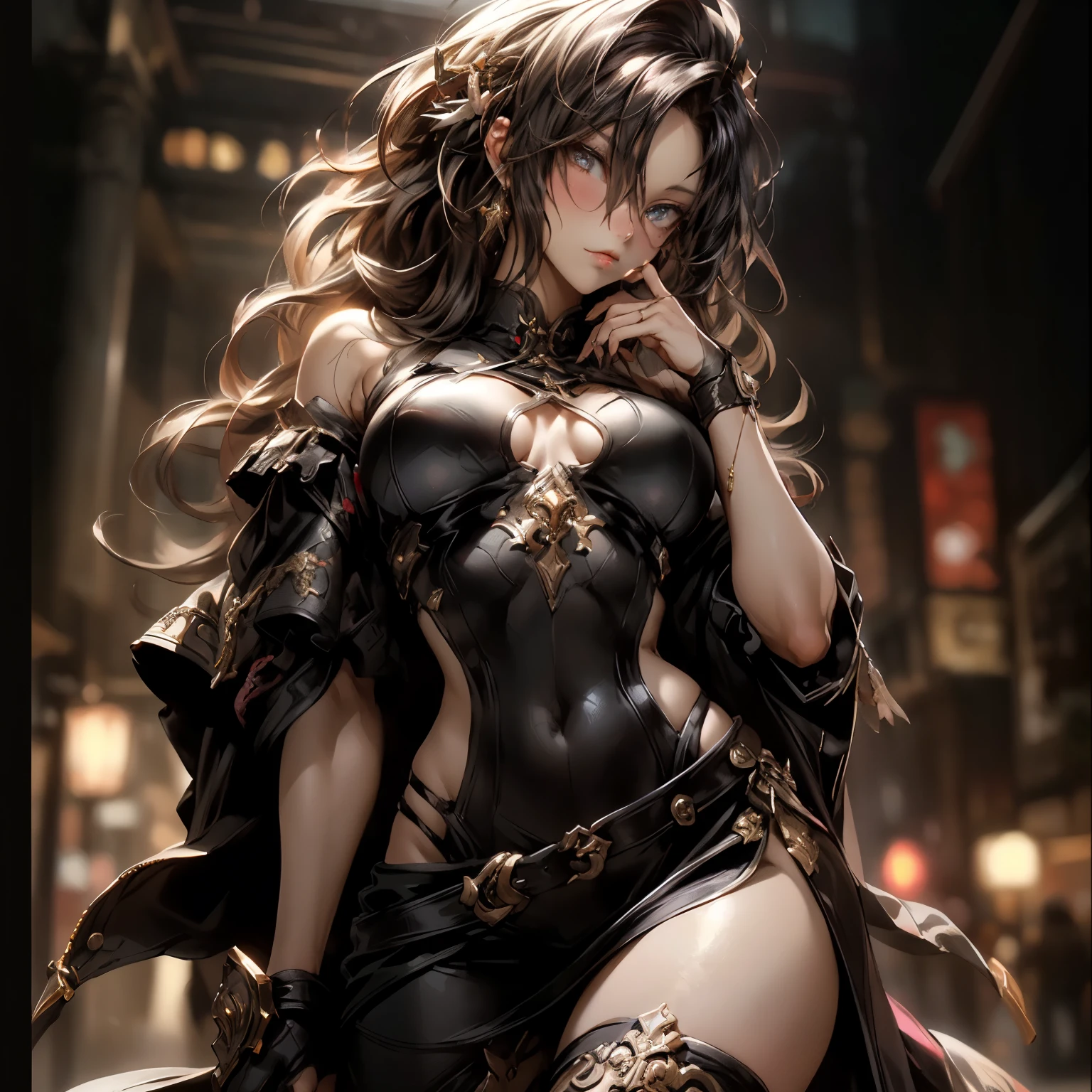 (Cinematic scene,Fantasy Art,Highest image quality,hyperrealistic portrait,(8K),Ultra-realistic,Best Quality,High quality,High Definition,high quality texture,high detailing,Beautiful detailed,fine detailed,extremely details CG,Detailed texture,realistic representation of face,masutepiece,presence,Dynamic,Bold),1gir,Ultra detailed skin,Curve,Petite,Beautiful breasts,Large breasts,pale skin,pointed breast,Erect nipples,(Thin hair),(Soft hair),(ultra straight hair),Swept long bangs,very light coppery amber hair,Hair over one eye