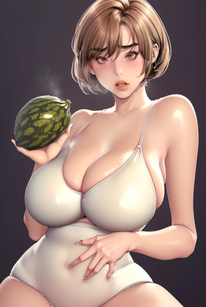 (（（figure，Mature woman figure,White and tender skin,（（（Yellow short sleeved, thinnest wet women's panties take off themselves with their hands as low as possible ）））,(（（Soridef，brown eyes，brown hair，short hair,））),，((masterpiece)), highres icon,((Best quality at best)),masterpiece,quality,Best quality,(（（  to the audience,Light in the eyes， blush，pant）））,Huge breasts,苗条figure, Black background））, hold in your hand a mega large black cucumber that rests on the girl's vagina, juice flows abundantly from the Vagina