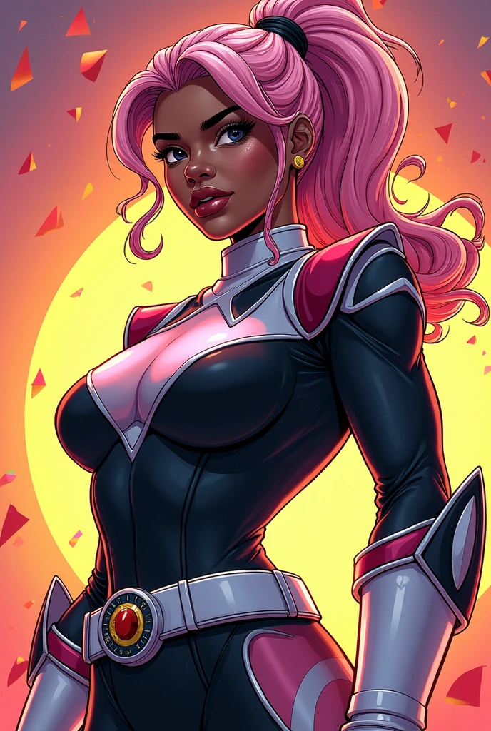 Garnet,dark skin, black afro hair, lips, (three eyes, heterochromia) cropped chest plate, multcolored bodysuit, pink star on chest,shoulder armor, looking at viewer, serious, smiling, close up portrait,
inside, cozy kitchen, window,  extreme detail, masterpiece, beautiful quality,   <lora:Garnet-10v6:.8>