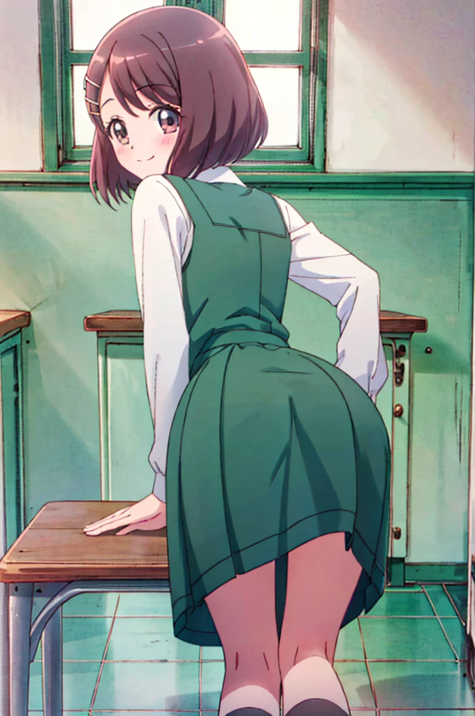  1 girl, Alone, blush、smile, classroom,  ((green uniform 、 red ribbon ))、(( Mini Skirt:1.5)), Thighs、 cowboy shot from Niigata, Hanadera Nodoka、(( panchira :1.3))、((( on all fours、Backwards、look back)))、Cute Panties