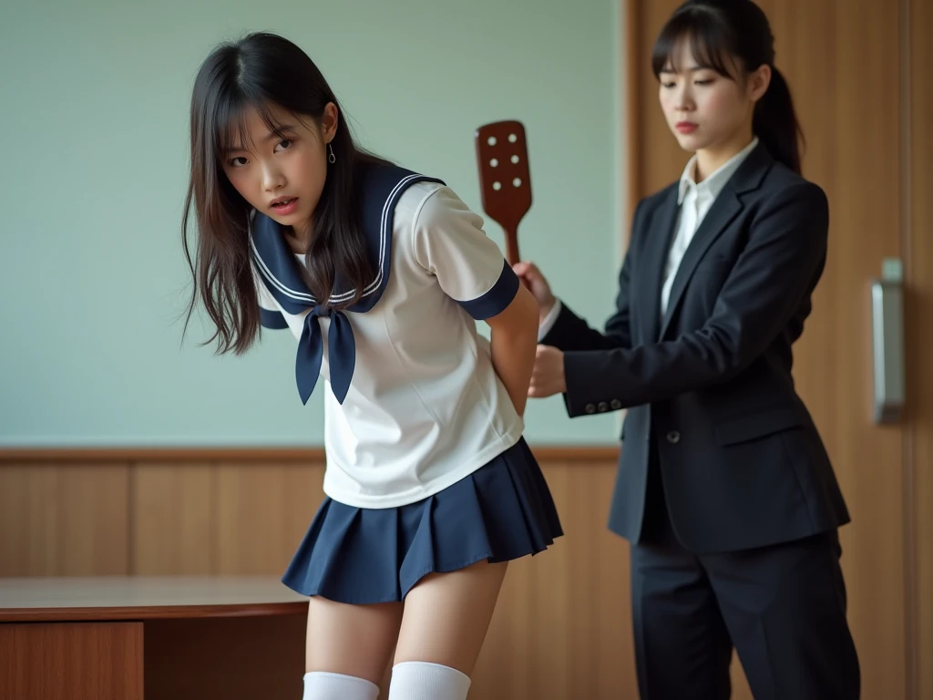 20-year old Asian girl in high school uniform and long white stockings, bending over a wooden desk in an office, red welts on her bare bottom, her face pleading. Her face turning to her left and facing the viewer. A female teacher wielding in suit a small, dark brown wooden rectangular school paddle with holes standing behind her in a serious expression. The teacher is standing on the right half of the photo. High Resolution, Realism.