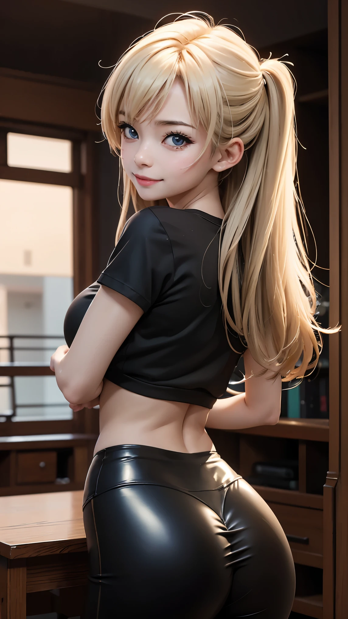 Kizuki - Haganai - Kashiwazaki Sena, beautiful girls,1girl with underboob t-shirt,latex leggings,perfect ass,perfect breasts,perfect body,slim,sexy,beautiful,cute,smiling,8k,highly detailed,photorealistic,masterpiece,ultra-detailed,vivid colors,cinematic lighting,dynamic pose,dramatic angles