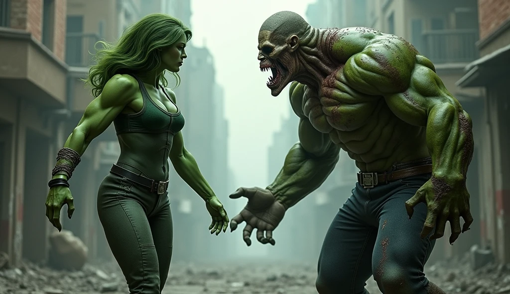 "A heroic scene where Hulk is protecting his girlfriend from a group of terrifying creatures. Hulk stands in front, shielding her with his powerful arm, while she is safely behind him. The environment is dark and ominous, with an eerie and mysterious atmosphere. Hulk's expression shows determination, while the creatures appear menacing and ready to attack."
