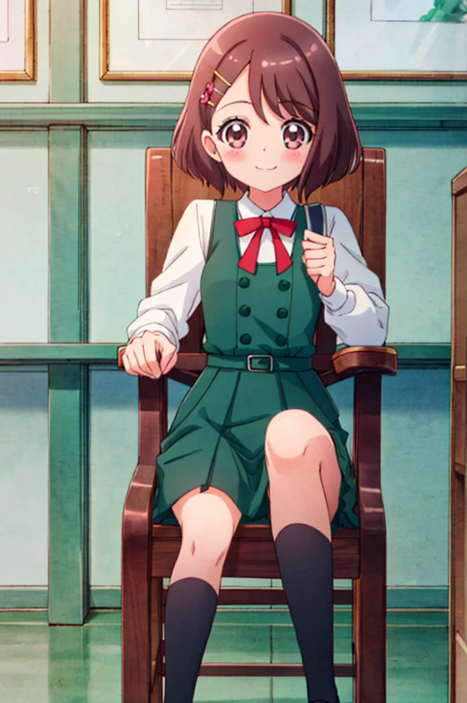  1 girl, Alone, blush、smile, classroom,  ((green uniform 、 red ribbon ))、(( Mini Skirt:1.5)), Thighs、 cowboy shot from Niigata, Hanadera Nodoka、(( panchira :1.3))、((( sit on a chair)))、Cute Panties