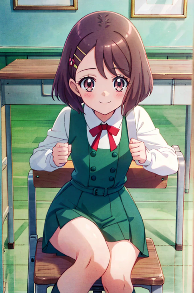  1 girl, Alone, blush、smile, classroom,  ((green uniform 、 red ribbon ))、(( Mini Skirt:1.5)), Thighs、 cowboy shot from Niigata, Hanadera Nodoka、(( panchira :1.3))、((( sit on a chair)))、Cute Panties