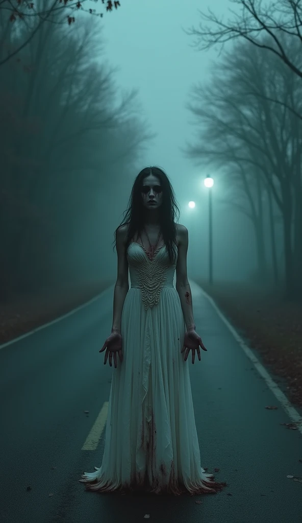 wide shot camera angle. she is flying high in the air at the old road, a scary, eerie, bloody zombie dark face of a Malay woman, very extreme long hair ((20 feet long)) covered face, she screaming, open her mouth out loud. looking at the camera, creepy face. pale skin, long white slubby dress, torn, dirty. windy waving cloth and hair Background of gloomy dark night in the lonely old streets in the middle of a jungle. no light. dramatic sky. cinematic shots. horror film still. masterpiece, hyper realistic.