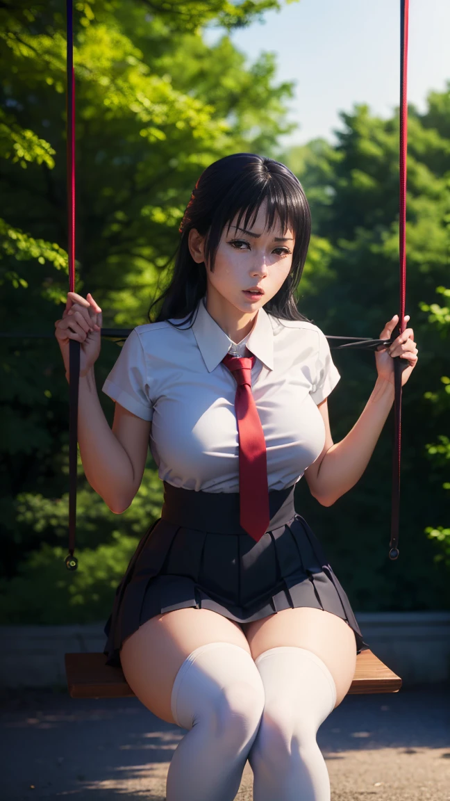 Utahime Lori  ((sitting on a swing)) long straight black hair tied together and forming two tails ((dressed in a school uniform wide miniskirt white shirt with tie white thigh-length tights black shoes)) well broken, posing very sexy and sensual, She is in a park with lots of trees  , ((big breasts thick buttocks ))