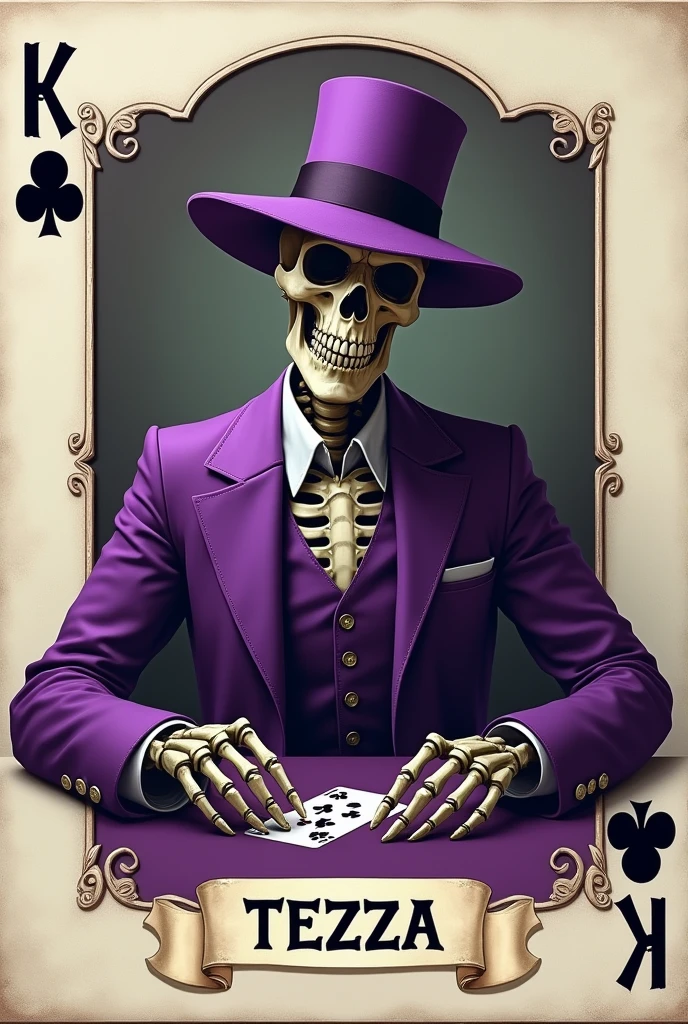 Blue-eyed skeletal skull wearing a black suit and black hat holding wads of money