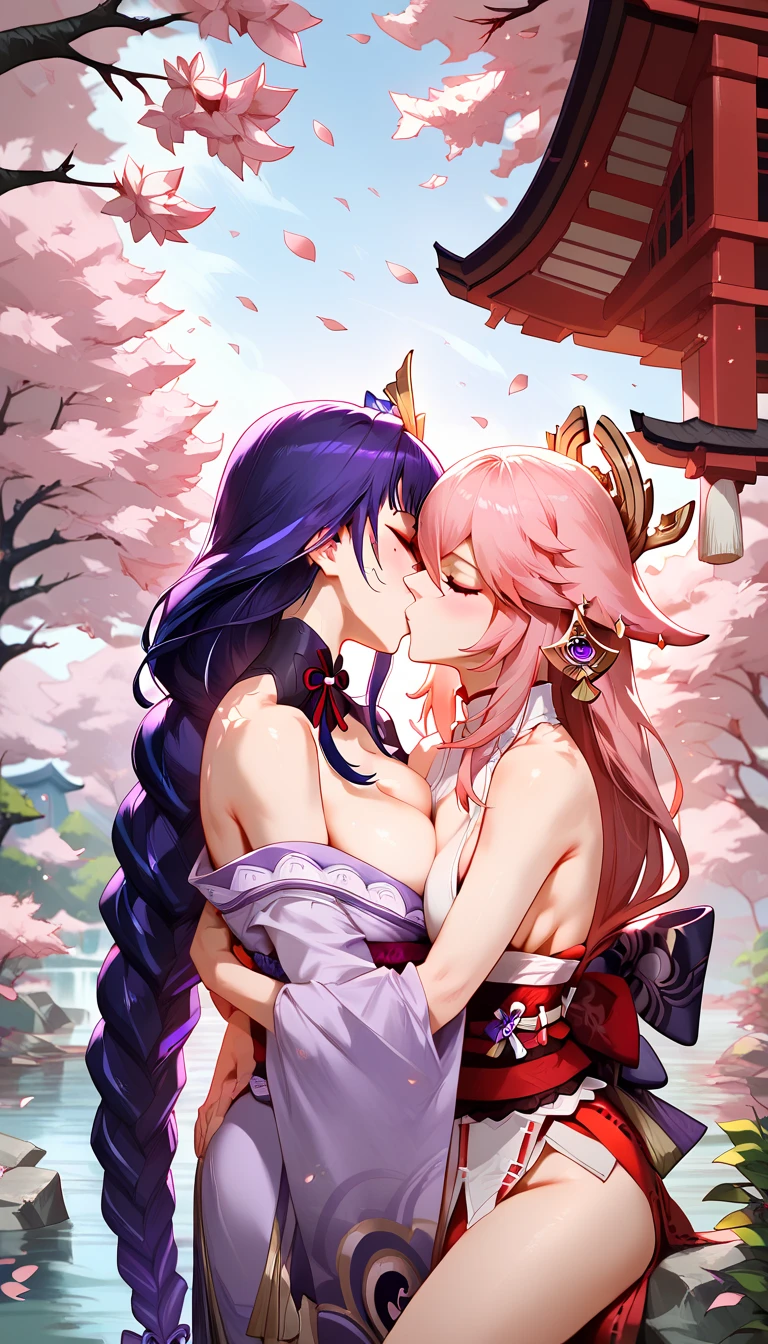 masterpiece, best quality, score_7_up, score_8_up, score_9, raiden shogun and yae miko kissing, embracing each other, yuri, outdoors, japanese house, cherry blossom trees, cherry blossom leaves, 