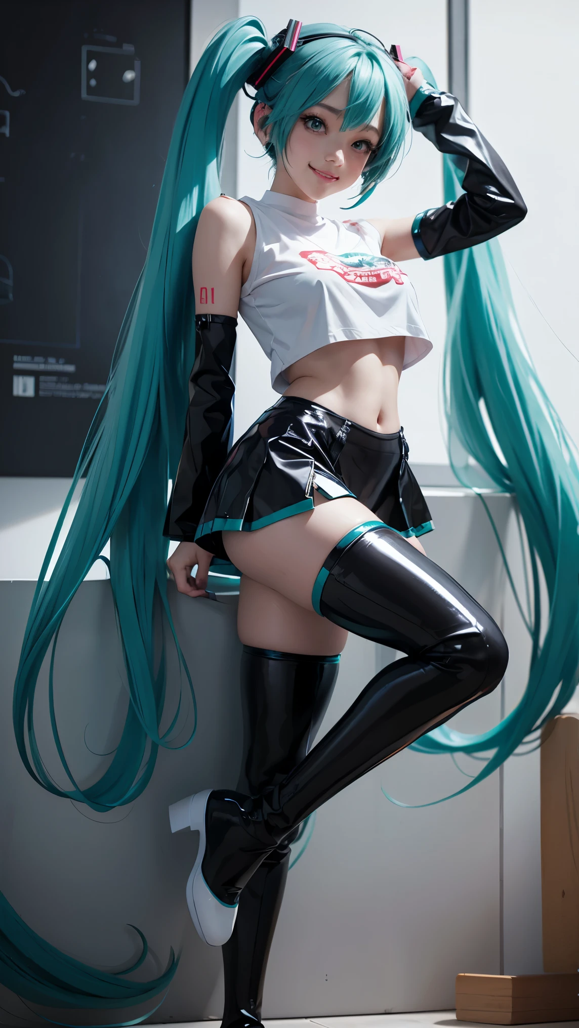 best quality, High resolution, Big breasts Hatsune Miku, Expression, Mascara, black t-shirt has, black skirt, Lace stockings, high shoes, ((Spread your legs)), choker necklace, nipple piercing, Heavy eyeliner, dark eye makeup, Pale skin, Nail accessories, Wristband, complex foundation, blink, Scribble, drink, poster for, background with, sound board, Subsurface, crow, loud, Sweating, full of prunes, Mosin, narrow, inside the room, Masterpiece, best quality, alone, smile, heart dancer, full body, see viewers, long blue hair, double tail, stand on stereo, stage, ไฟstage, stage focus, Detailed background, audience, (front focus), Keywords: 1 girl taking pictures., (((Hatsune Miku))), Surrealistic portrait, fantasy art, Take realistic photos, dynamic light, Volumetric light, Very detailed face, 8K, won, 1 girl, 25 year old girl,low voice, Long hair, two tails with horses., Tosca's hair and eye color are bright. (((Rich in colour))), Nack shoes , full body, Big smile (open mouth), Wet skin, Highly detailed facial and skin textures, Detailed eyes, realistic eyes, Detailed eyesสวยงาม, (realistic skin), (((Futuristic Hatsune Miku dress 1:1))), Dynamic Post,full body photo,full body